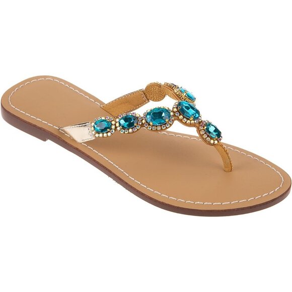 Women's Green Rhinestone Upper Flat T Strap Thong Flip Flop Sandals Shoes - Picture 4 of 5